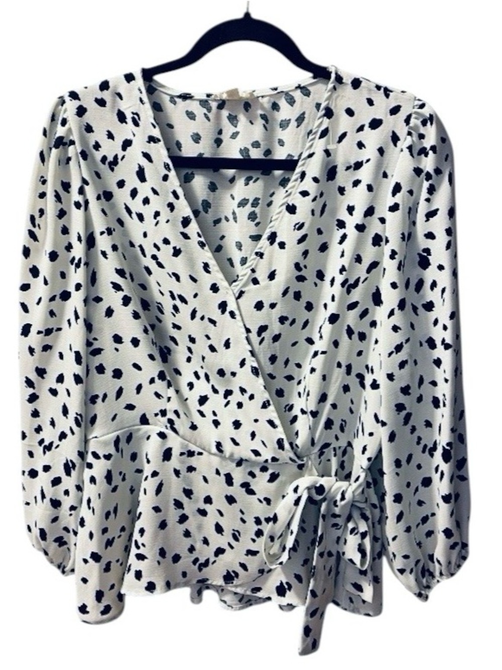 Meraki - Wrap Blouse in White with Black Spot Print Size Large